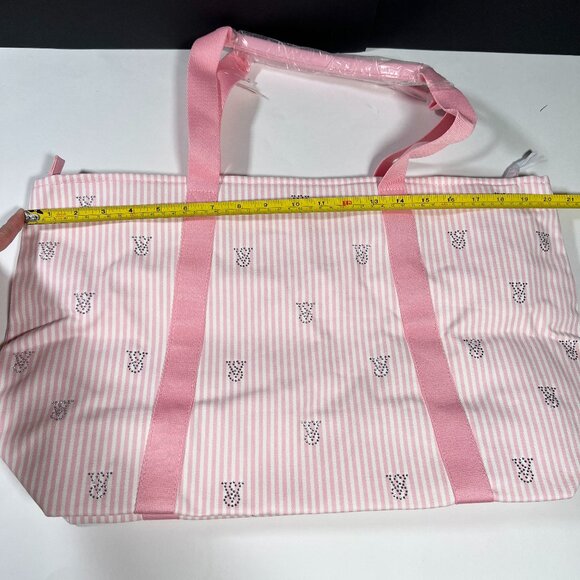 Victoria Secret Heritage Pink Stripe Weekender Bag Tote Zipper Rhinestone Logo - Picture 5 of 11